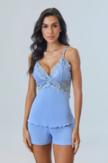 Short Doll Liso com Renda, Bojo e Costas Azul Frozen – Elegância e Sensualidade | Liliti