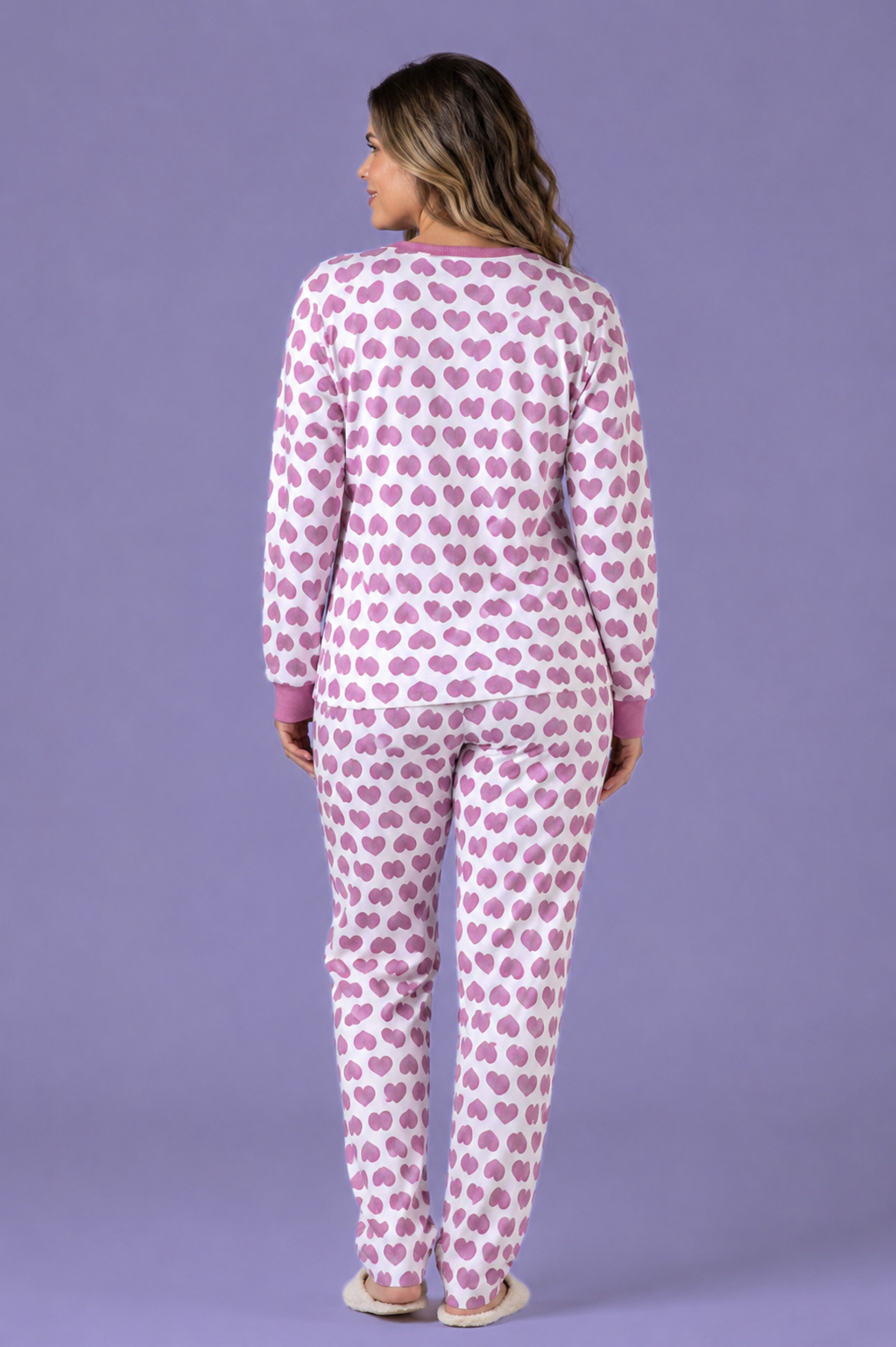Pijama Feminino Longo Flanelado Moletinho Estampado Coração – Conjunto Inverno Confortável