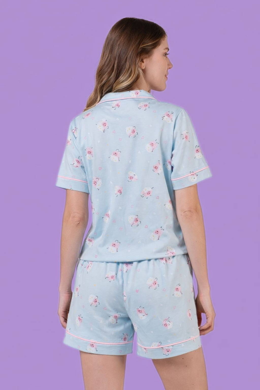 Pijama Feminino Americano Curto Azul Estampado 100% Algodão – Conjunto Confortável com Botões e Shorts