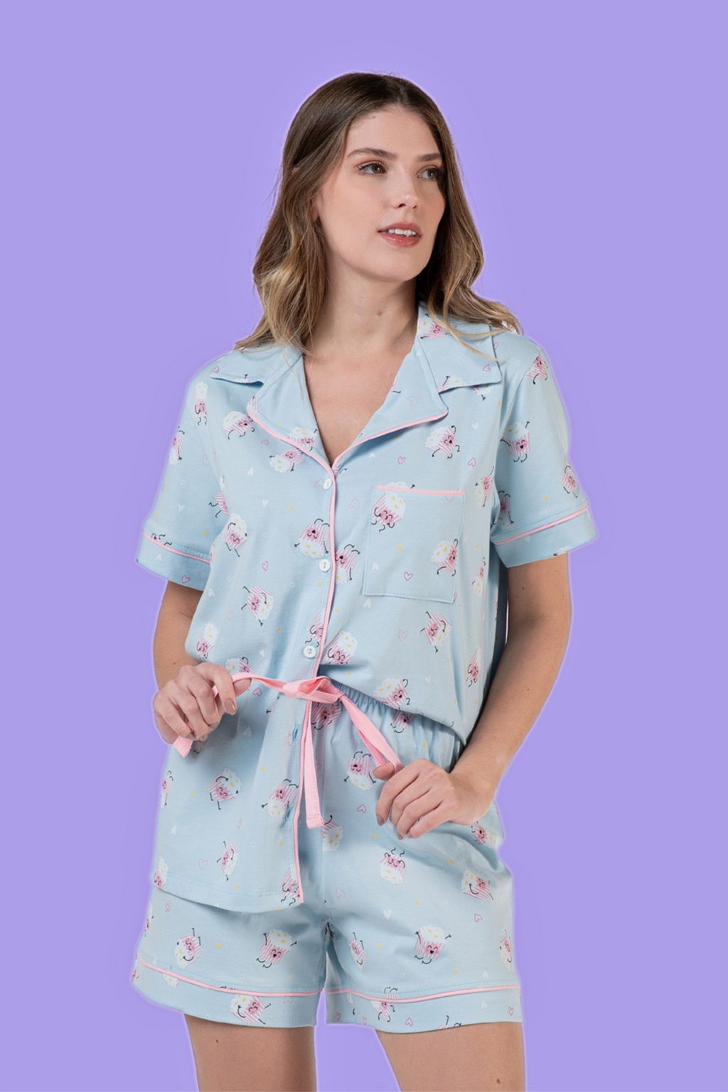 Pijama Feminino Americano Curto Azul Estampado 100% Algodão – Conjunto Confortável com Botões e Shorts