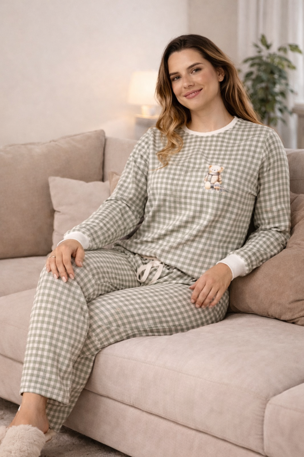 Pijama Feminino Longo Xadrez Verde Confortável Premium