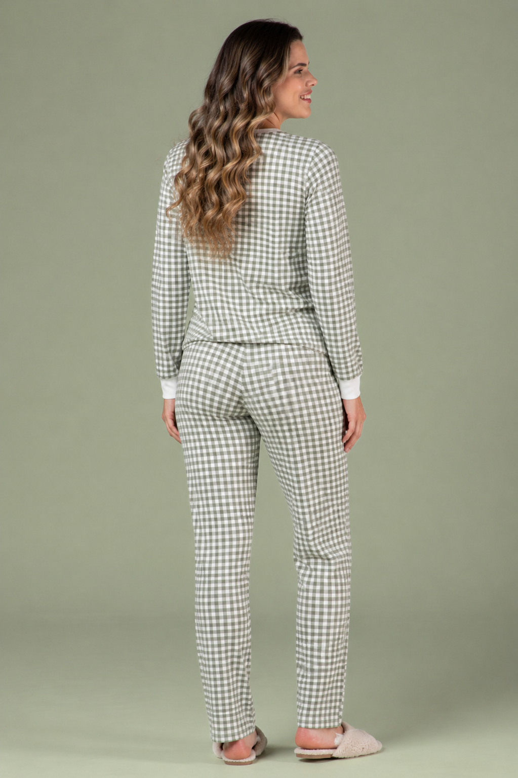 Pijama Feminino Longo Xadrez Verde Confortável Premium