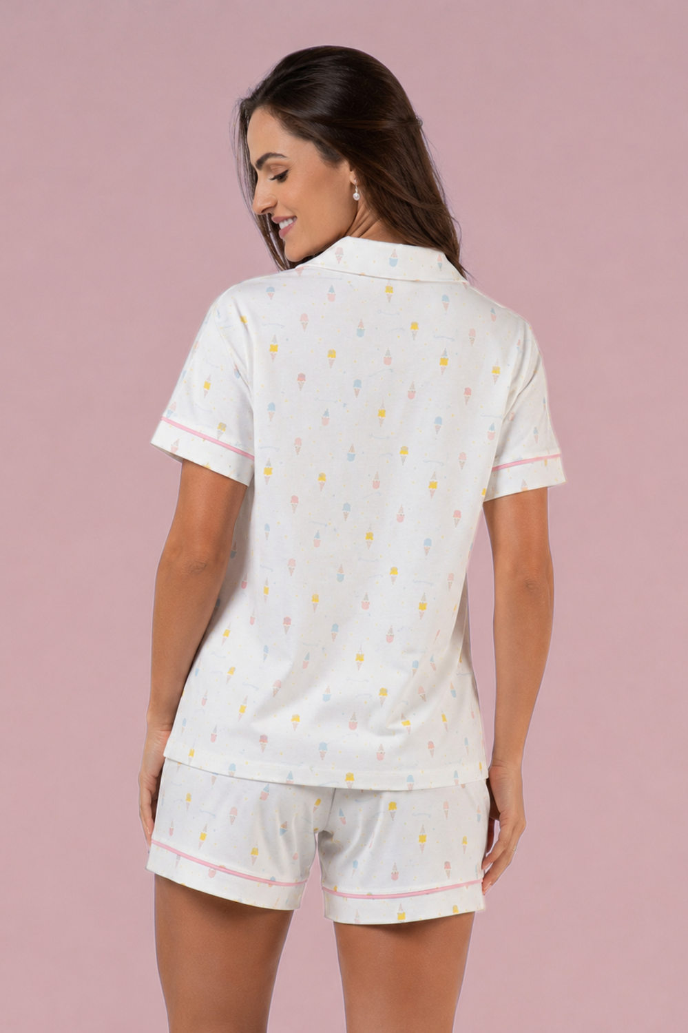 Pijama Americano Curto Feminino 100% Algodão – Conjunto Confortável com Botões e Short Estampado