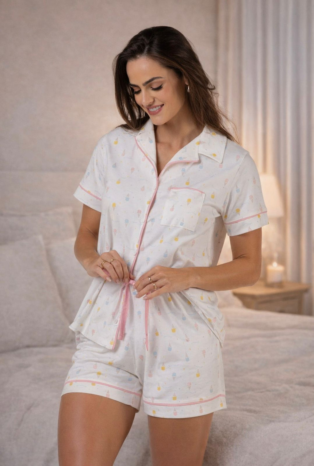 Pijama Americano Curto Feminino 100% Algodão – Conjunto Confortável com Botões e Short Estampado