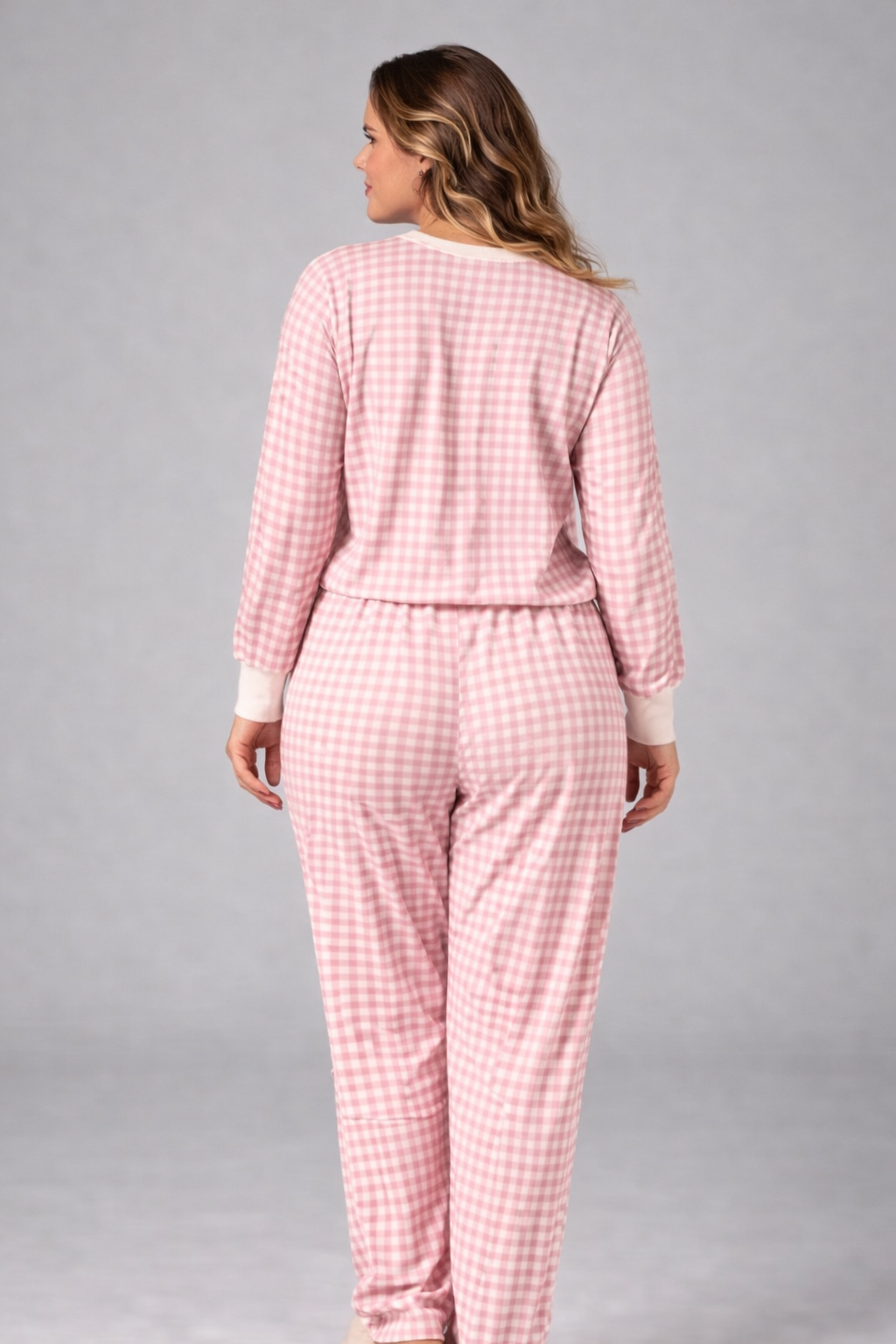 Pijama Feminino Longo Xadrez Rosa Confortável Premium