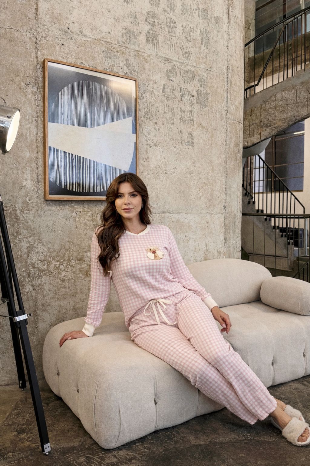 Pijama Feminino Longo Xadrez Rosa Confortável Premium