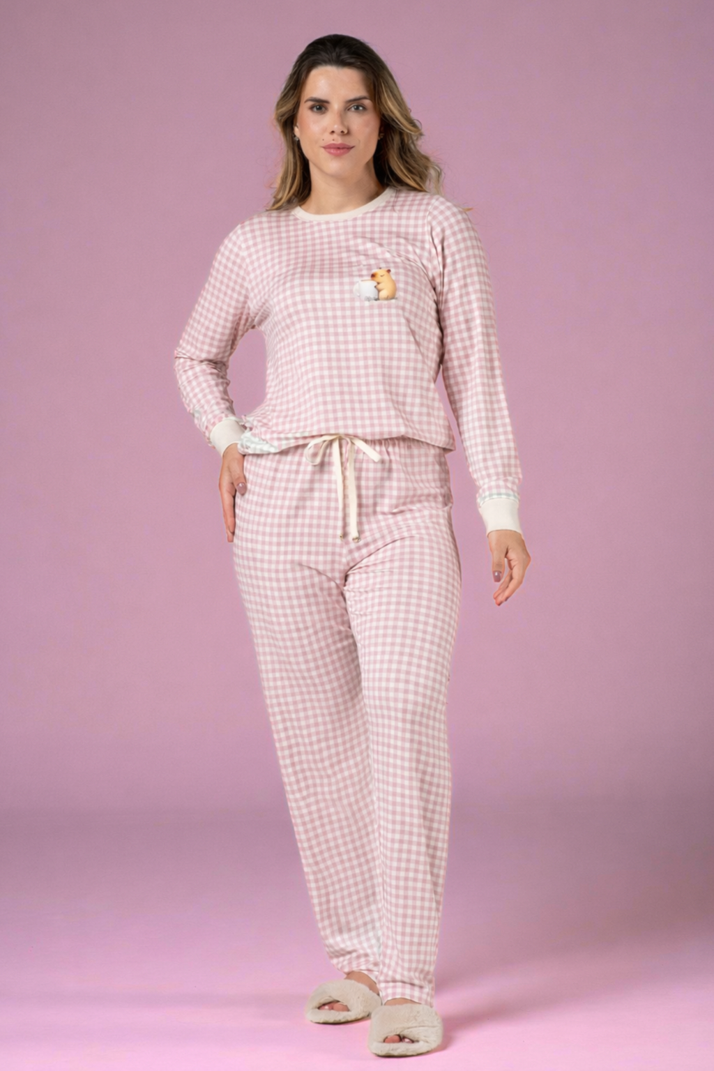 Pijama Feminino Longo Xadrez Rosa Confortável Premium
