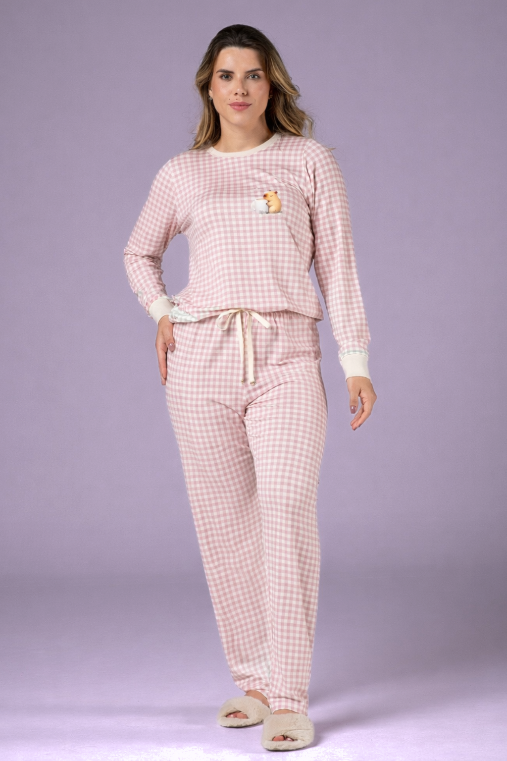 Pijama Feminino Longo Xadrez Rosa Confortável Premium
