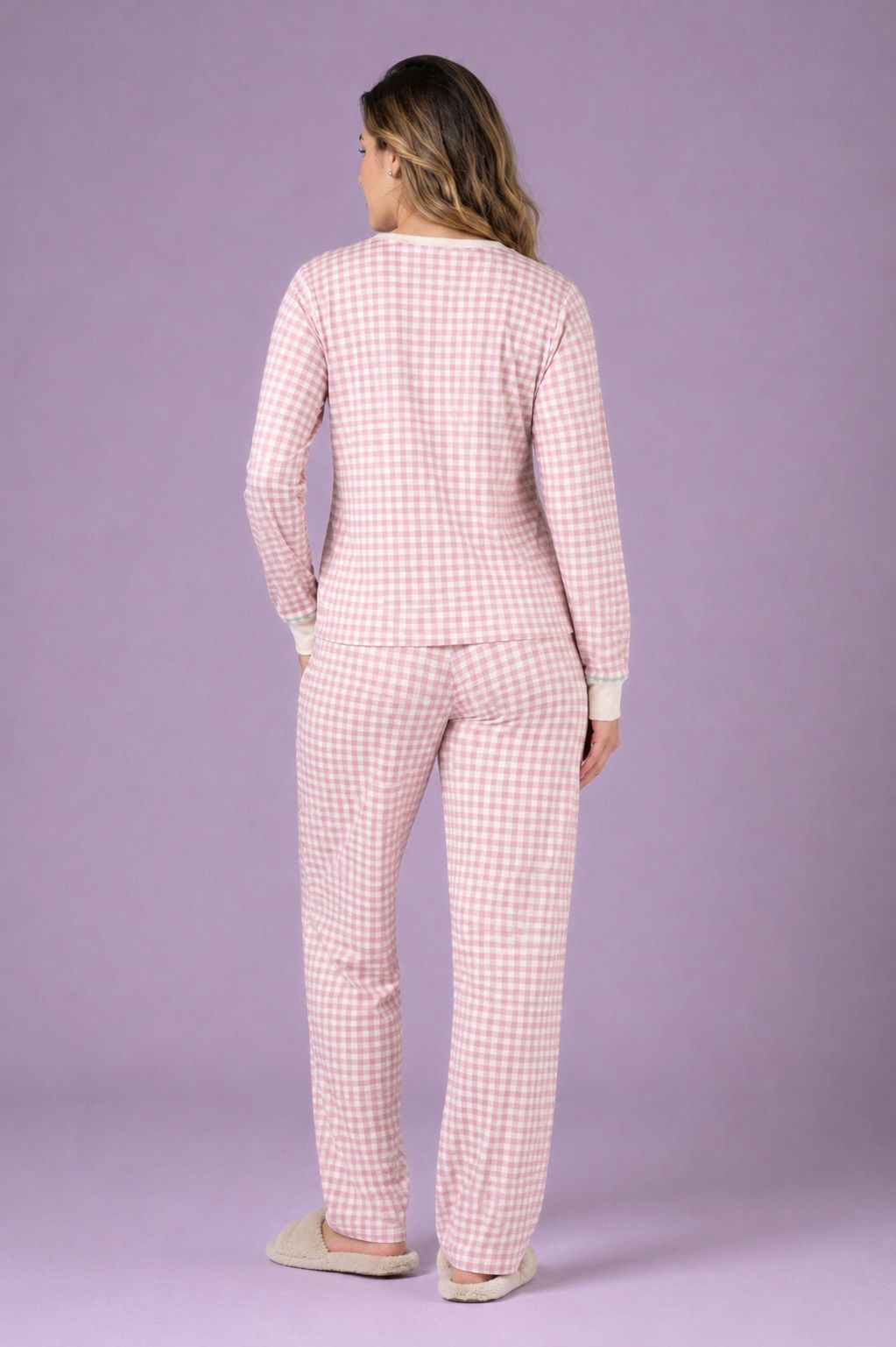 Pijama Feminino Longo Xadrez Rosa Confortável Premium
