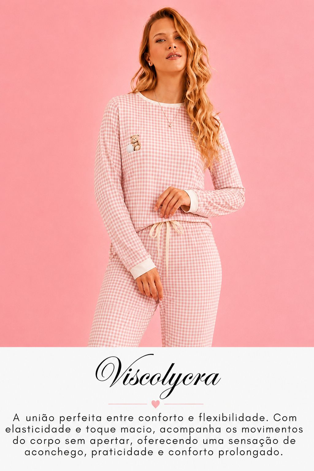 Pijama Feminino Longo Xadrez Rosa Confortável Premium